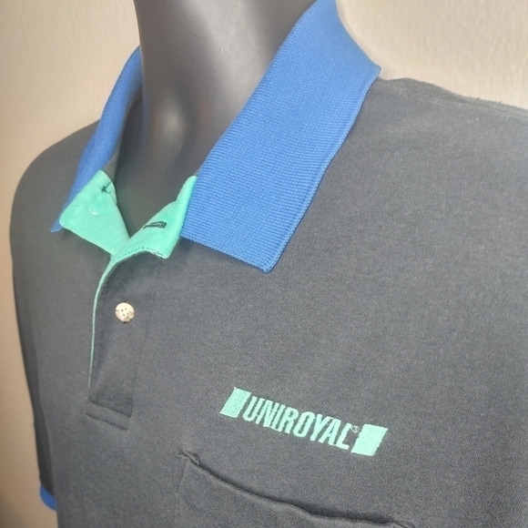 Vintage 90s Hilton Uniroyal Men's XL Shirt Polo S/S Made In USA Black Blue Teal - Picture 5 of 7